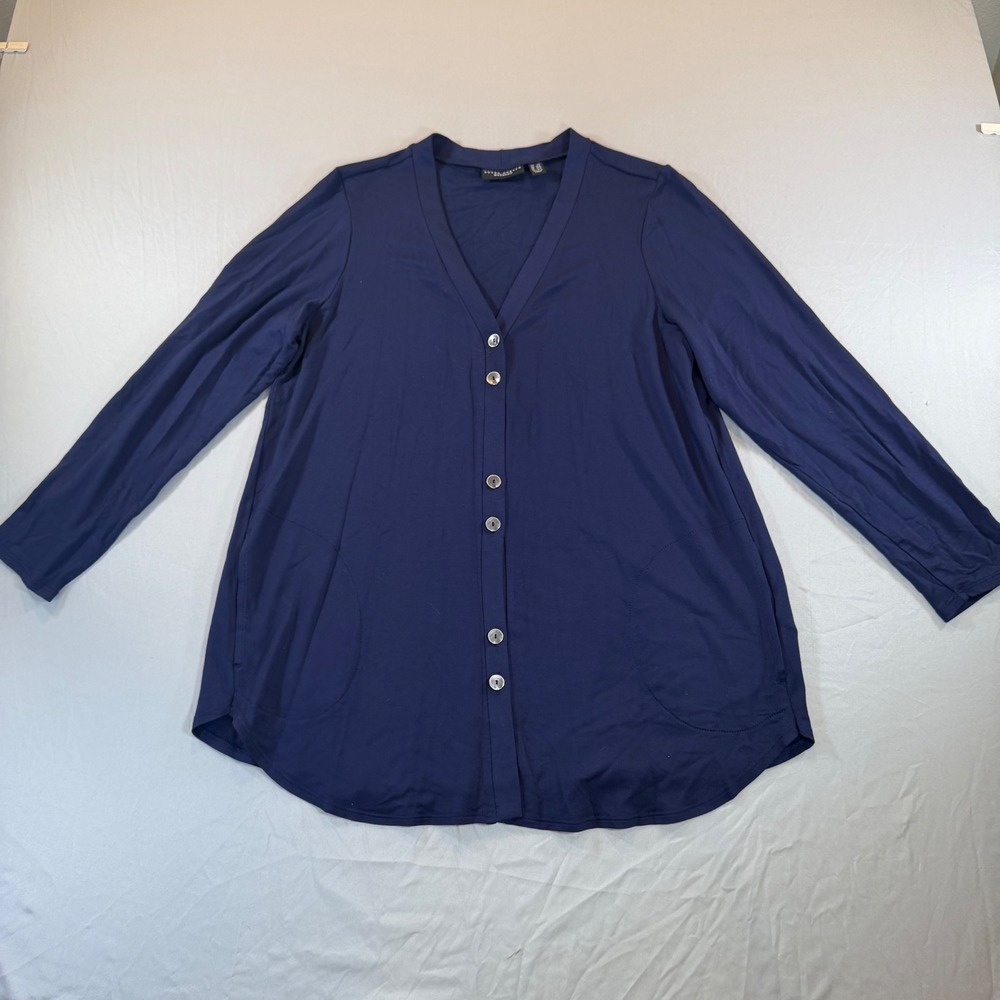 Susan Graver Weekend Navy Blue V-Neck Button Front Cardigan Pockets LP A397774